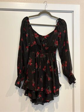 Macy's Black Mini Dress with Red Floral Design
